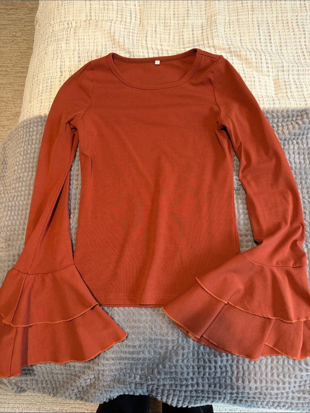 Women's Rust Long-Sleeve Ruffle Bell Sleeve Top